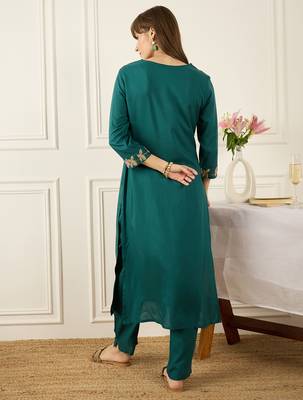 Teal embroidered silk kurta trouser set 3
