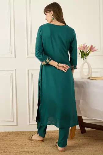 Teal embroidered silk kurta trouser set