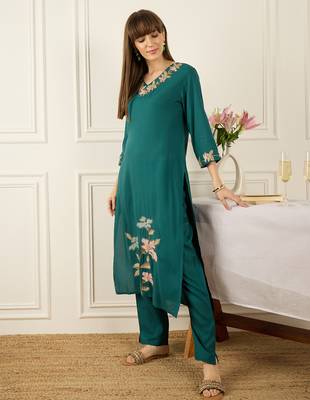 Teal embroidered silk kurta trouser set 4