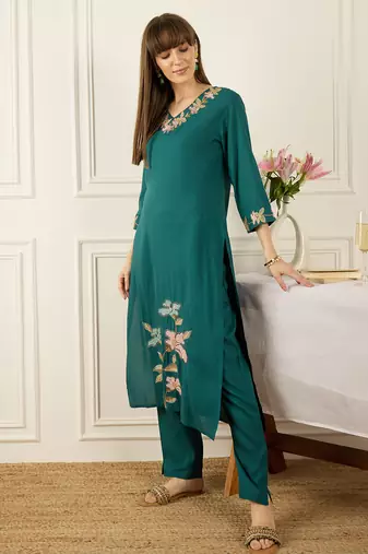 Teal embroidered silk kurta trouser set