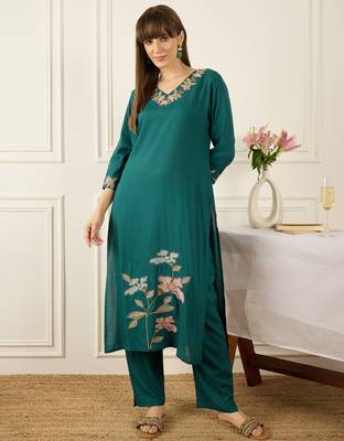 Teal embroidered silk kurta trouser set 1