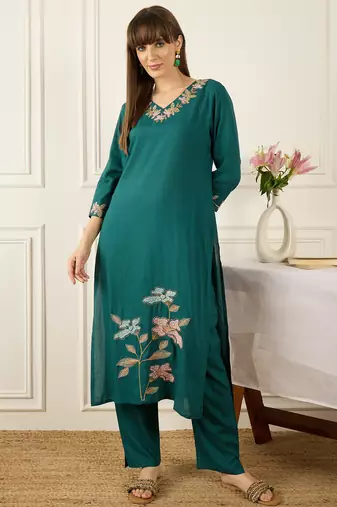 Teal embroidered silk kurta trouser set