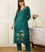 Teal embroidered silk kurta trouser set