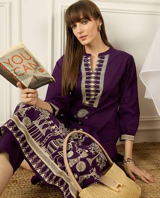 Purple printed cotton kurta trouser set 1