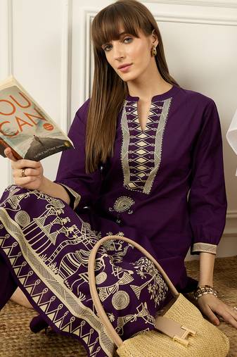 Purple printed cotton kurta trouser set