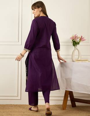 Purple printed cotton kurta trouser set 2