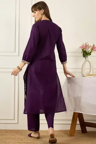 Purple printed cotton kurta trouser set