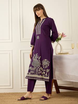 Purple printed cotton kurta trouser set 3