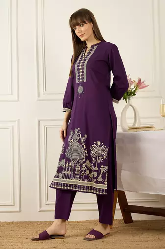 Purple printed cotton kurta trouser set