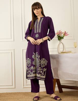 Purple printed cotton kurta trouser set 4