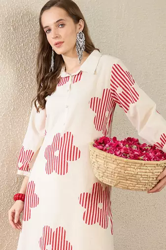 White printed cotton kurta trouser set