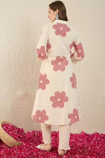 White printed cotton kurta trouser set