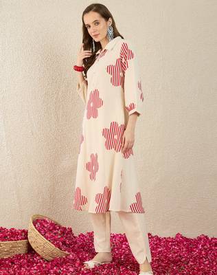 White printed cotton kurta trouser set 4