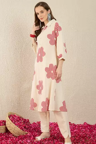 White printed cotton kurta trouser set