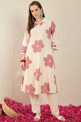 White printed cotton kurta trouser set
