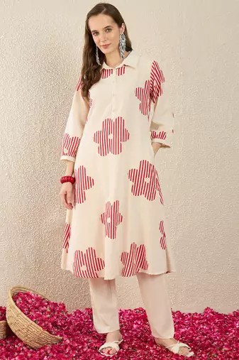 White printed cotton kurta trouser set