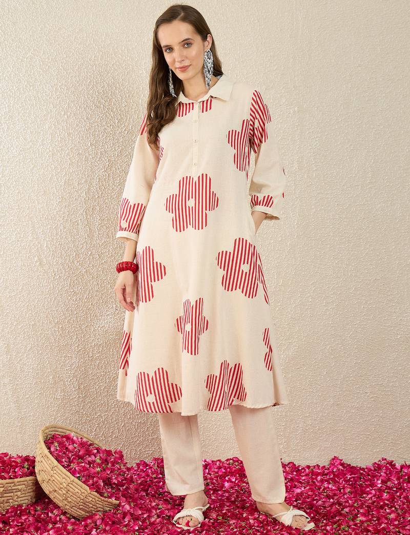 White printed cotton kurta trouser set