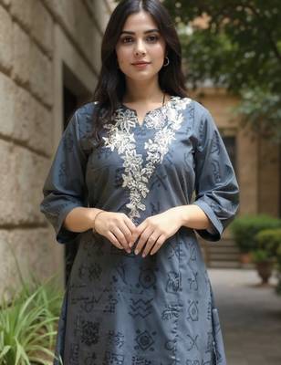 Grey embroidered chinon kurta trouser set 1
