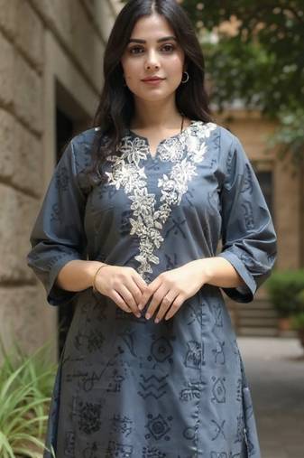 Grey embroidered chinon kurta trouser set