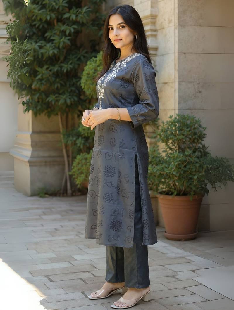 Grey embroidered chinon kurta trouser set