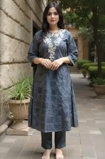 Grey embroidered chinon kurta trouser set