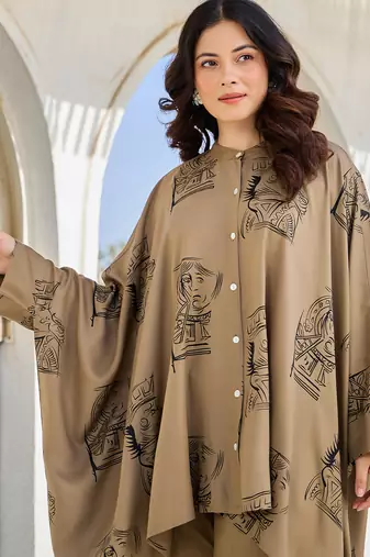 Grey printed viscose rayon kurta trouser set