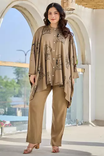 Grey printed viscose rayon kurta trouser set
