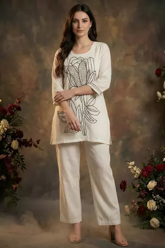 White embroidered cotton kurta trouser set