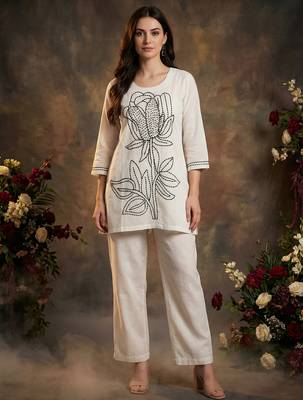White embroidered cotton kurta trouser set 4