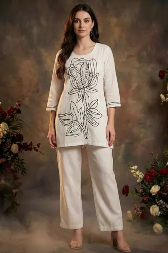 White embroidered cotton kurta trouser set
