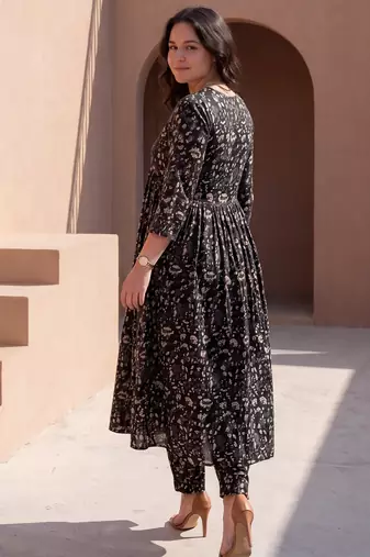 Black printed cotton kurta trouser set