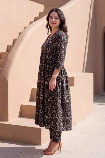 Black printed cotton kurta trouser set