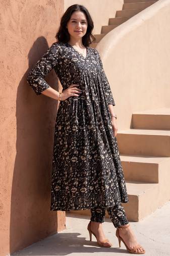 Black printed cotton kurta trouser set