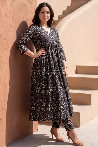 Black printed cotton kurta trouser set