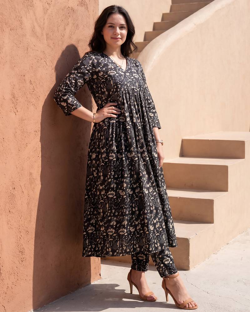 Black printed cotton kurta trouser set