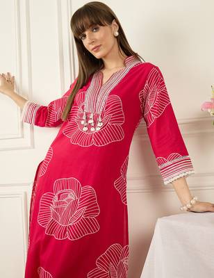 Pink printed cotton kurta trouser set 1