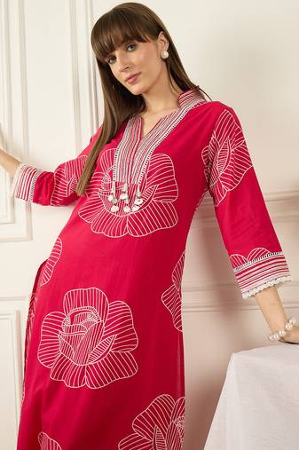 Pink printed cotton kurta trouser set