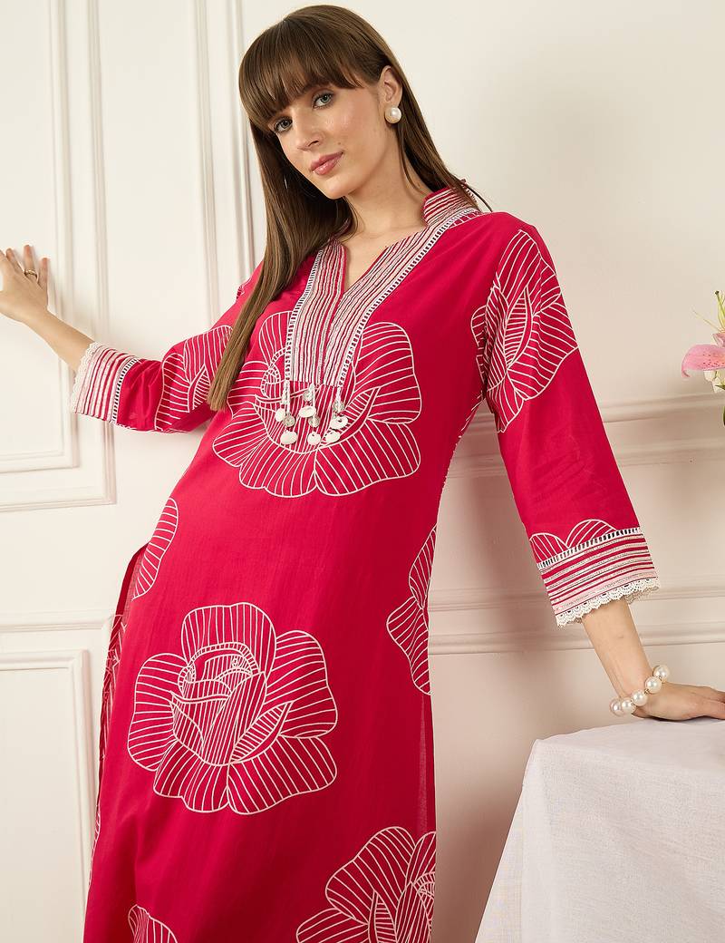 Pink printed cotton kurta trouser set