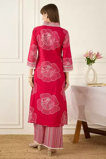 Pink printed cotton kurta trouser set