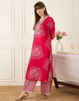 Pink printed cotton kurta trouser set 3