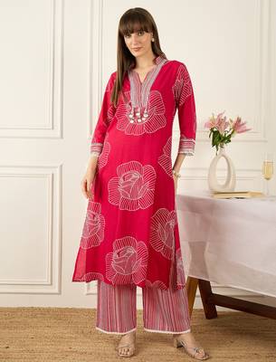 Pink printed cotton kurta trouser set 4