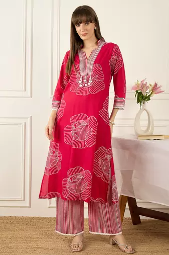 Pink printed cotton kurta trouser set