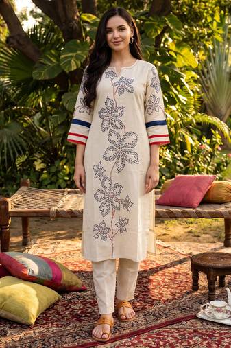 White embroidered cotton kurta trouser set