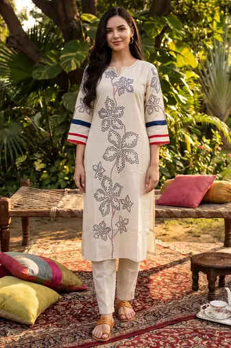 White embroidered cotton kurta trouser set