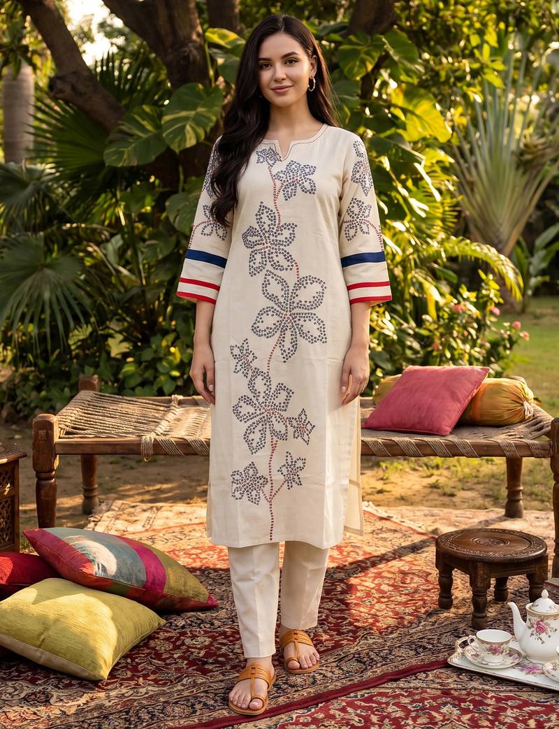 White embroidered cotton kurta trouser set