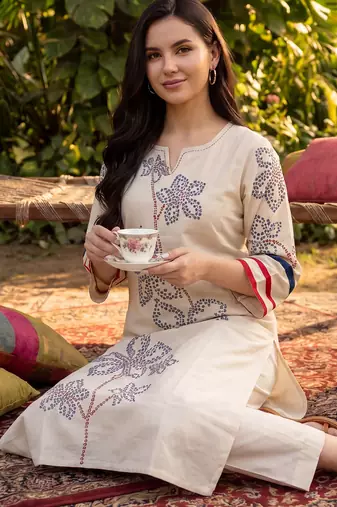 White embroidered cotton kurta trouser set
