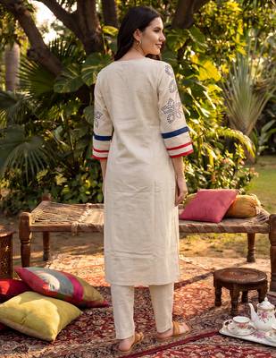 White embroidered cotton kurta trouser set 3