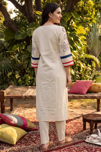 White embroidered cotton kurta trouser set