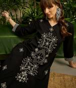 Black embroidered viscose rayon kurta trouser set