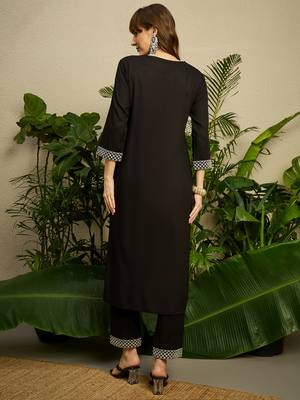 Black embroidered viscose rayon kurta trouser set 2
